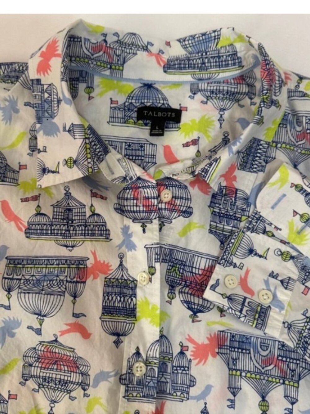 Talbots Shirt Women Medium  Long Sleeves Button Down Cage Bird Print